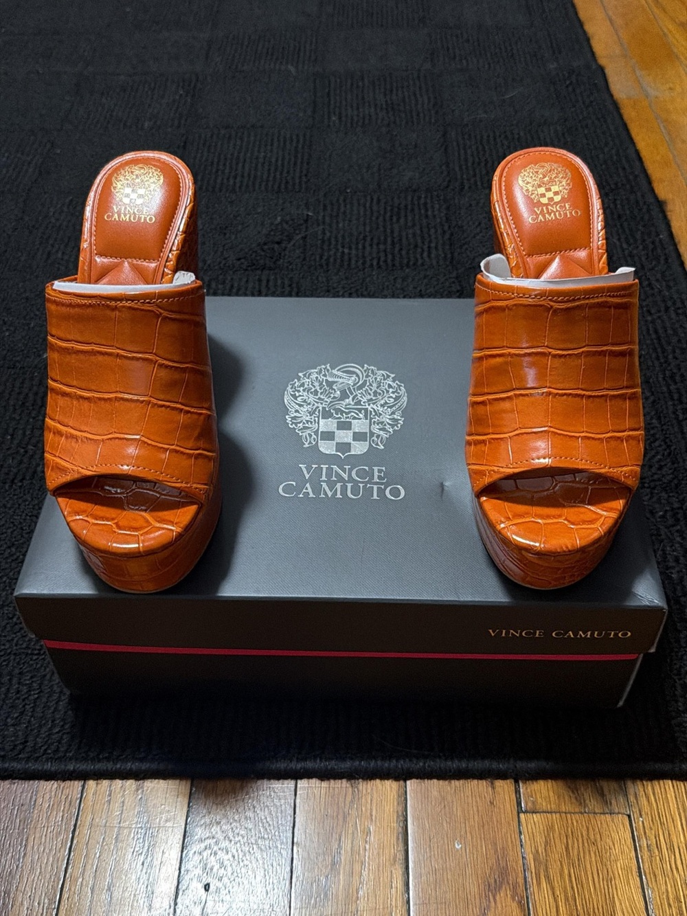 Vince Camuto Cognac Croc-Embossed Open-Toe Slide Mules